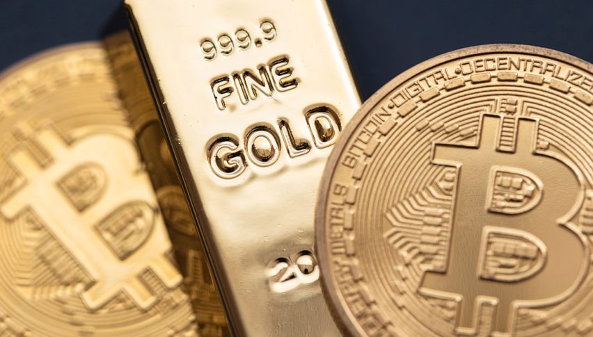 Close-up of a gold bullion bar and Bitcoin coins symbolizing Ray Dalio’s recommended 15% hard asset portfolio allocation.