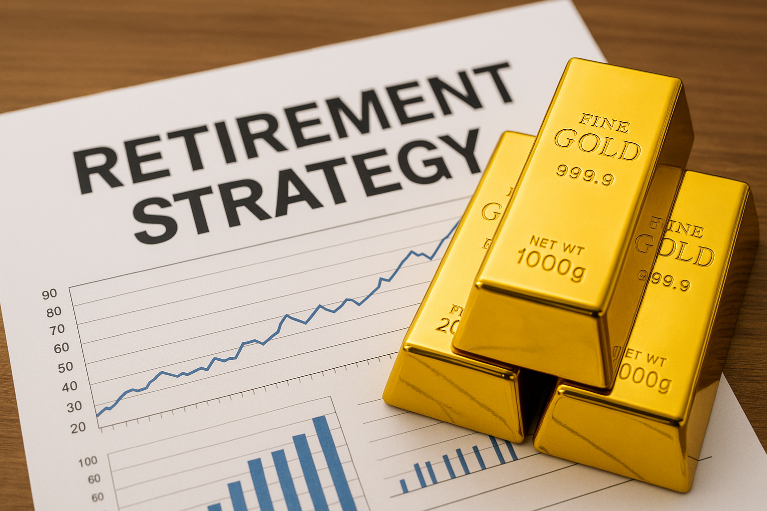 Stacked 1000g gold bars on top of a retirement strategy document with upward-trending charts, symbolizing gold as a Tier 1 asset for retirement portfolios.